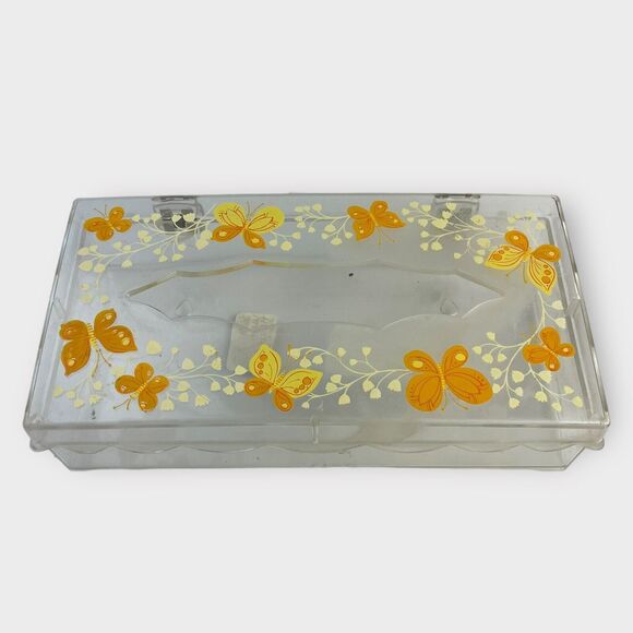 VTG MCM Wolff Clear Acrylic Butterfly Tissue Box Holder Hinged Lid Orange Yellow - Picture 1 of 8